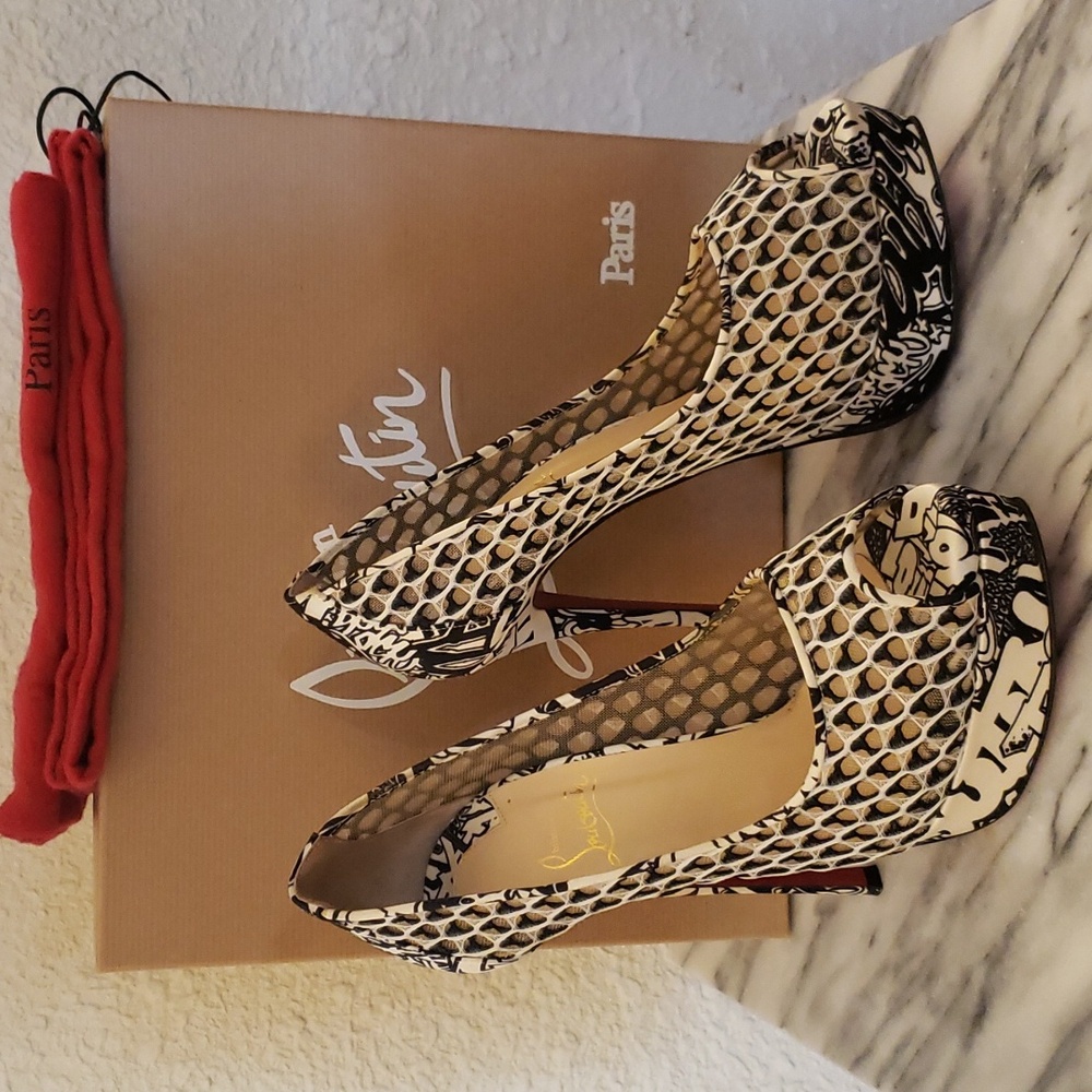 Christian louboutin fetish peep lace black and white stilettos heels